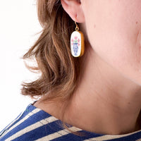 Ceramic Floral Vase Earrings Gold Plated Blue White