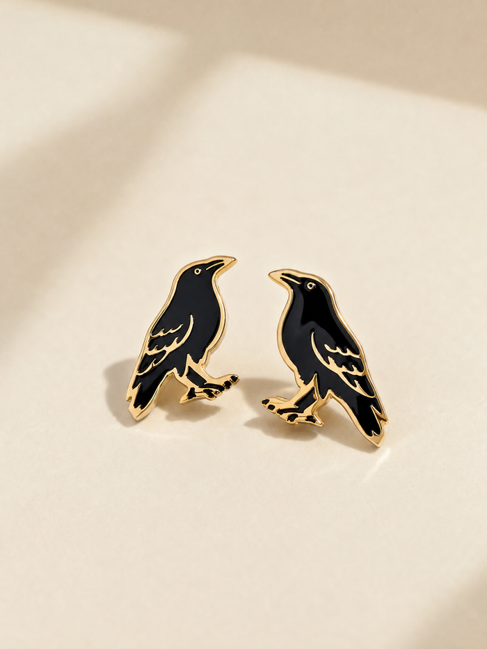 Raven Earrings, 18k Halloween Earrings, Literary Earrings