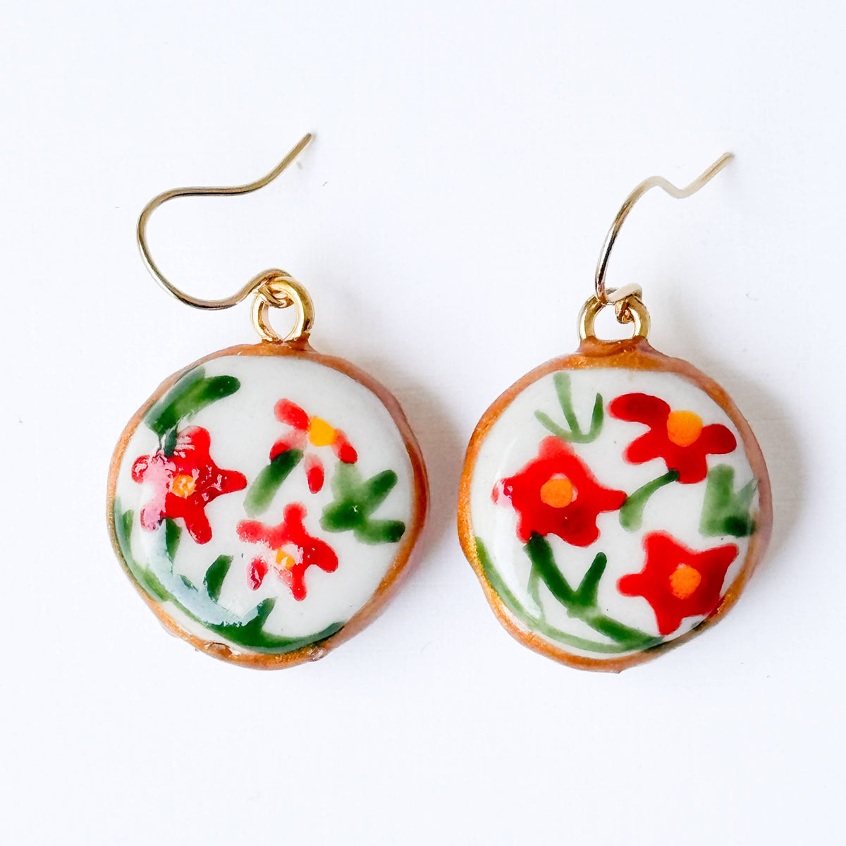 Hand Painted Floral Drop Earrings Gold Plated