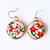 Hand Painted Floral Drop Earrings Gold Plated