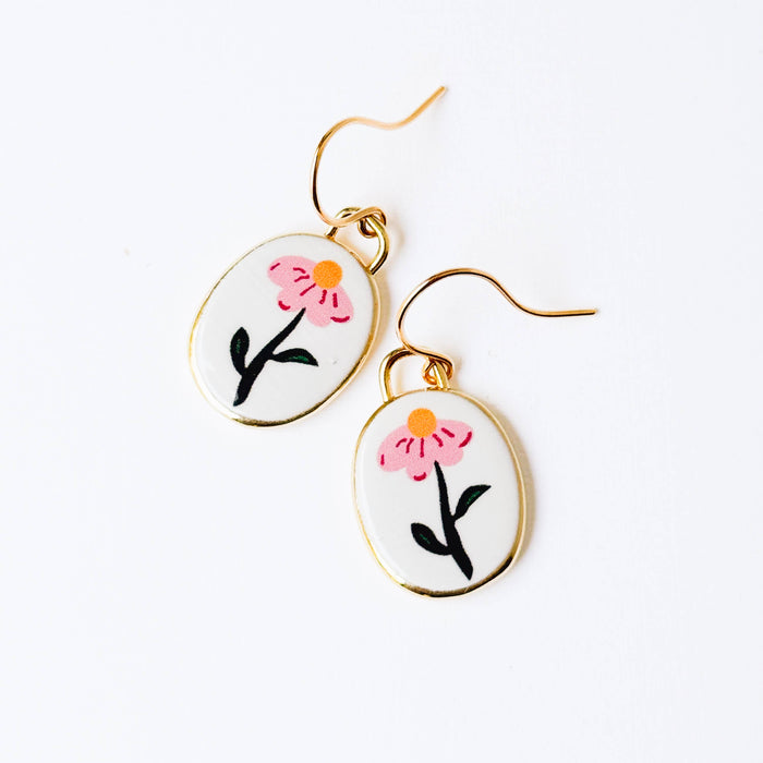 Botanical Folk Art Flower Earrings Gold Plated