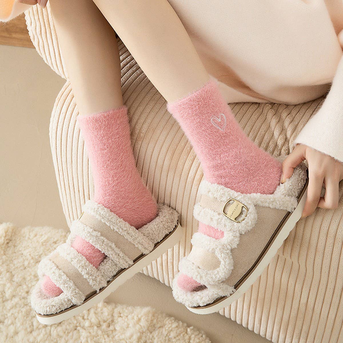 Pink Heart Fluffy Socks Women Winter Warm & Cozy