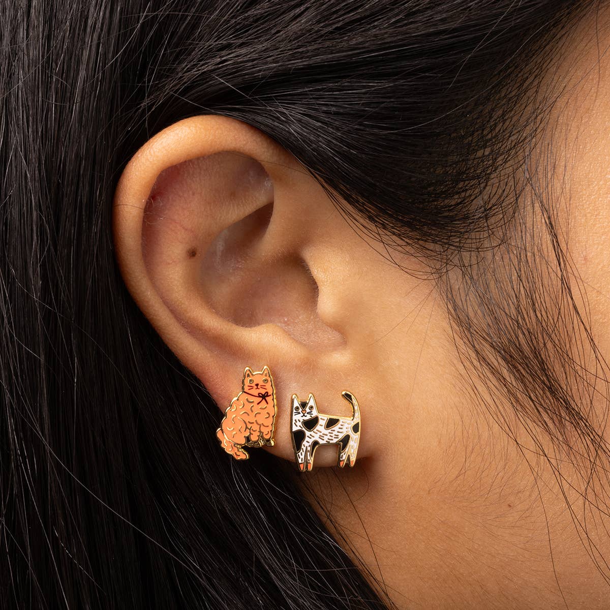 Cat Earrings | Cat Lover Mismatched Gold Studs
