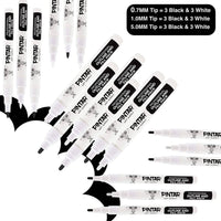 PINTAR Art Supply Professional Outline & Fill Pack - Set of 18 Black/White Paint Markers (6) 0.7mm (6) 1mm (6) 5mm Tips - Smooth-Flowing Japanese Ink