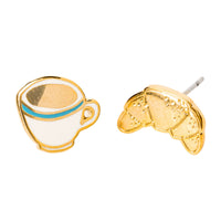 Croissant & Coffee Earrings | Mismatched Gold Studs